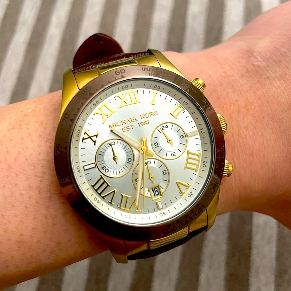 🔥Michael Kors Mens Watch White/Gold/Brown Leather